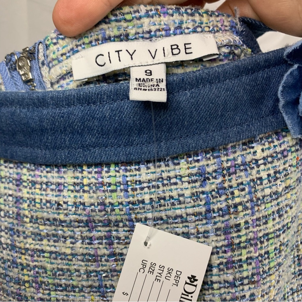 NWT City Vibe Flat Strap Denim and Plaid Wool Blend Short Sheath Dress, size 9 - Picture 4 of 14